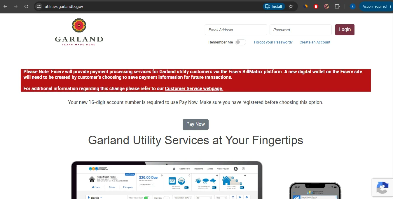 City of Garland Utilities MyMeter login Pay Now and utility bill payment portal visual guide