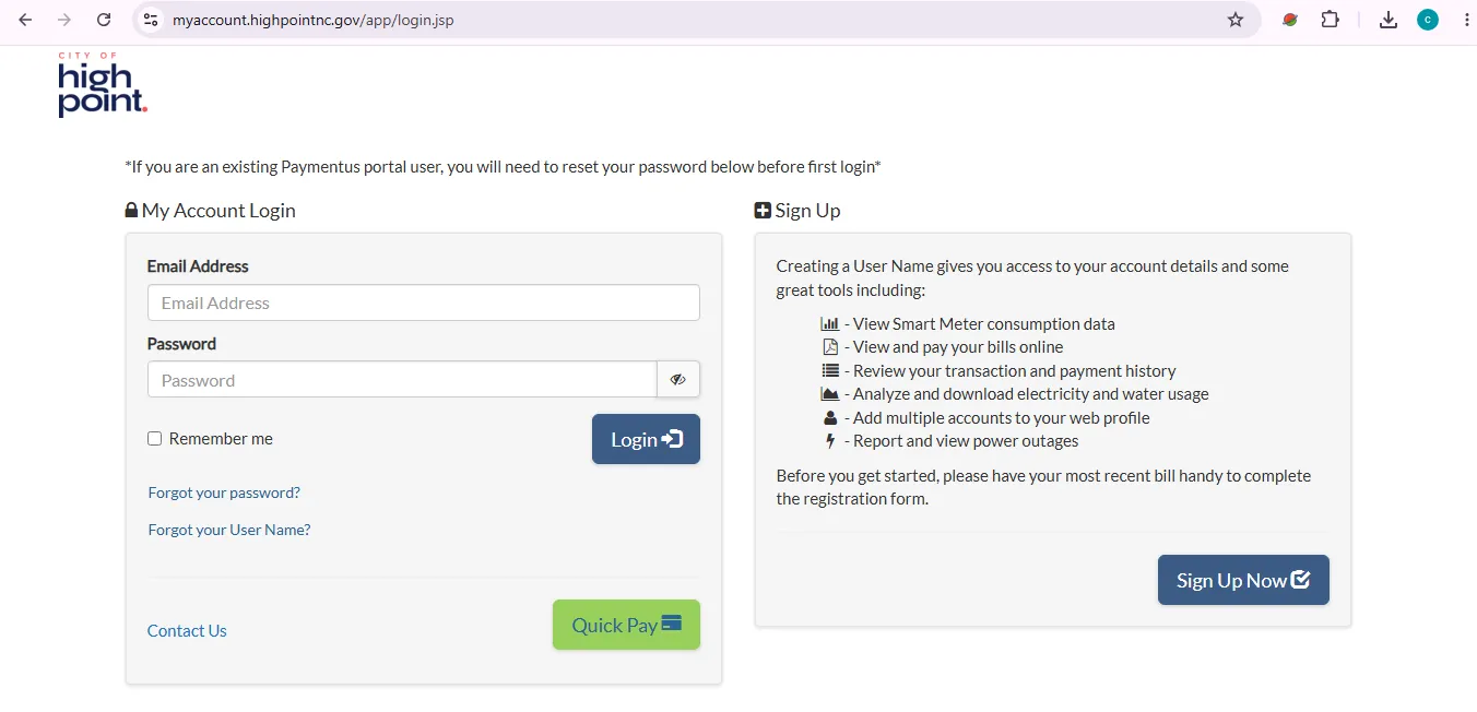 City of High Point Utilities customer portal login Quick Pay and utility bill payment visual guide