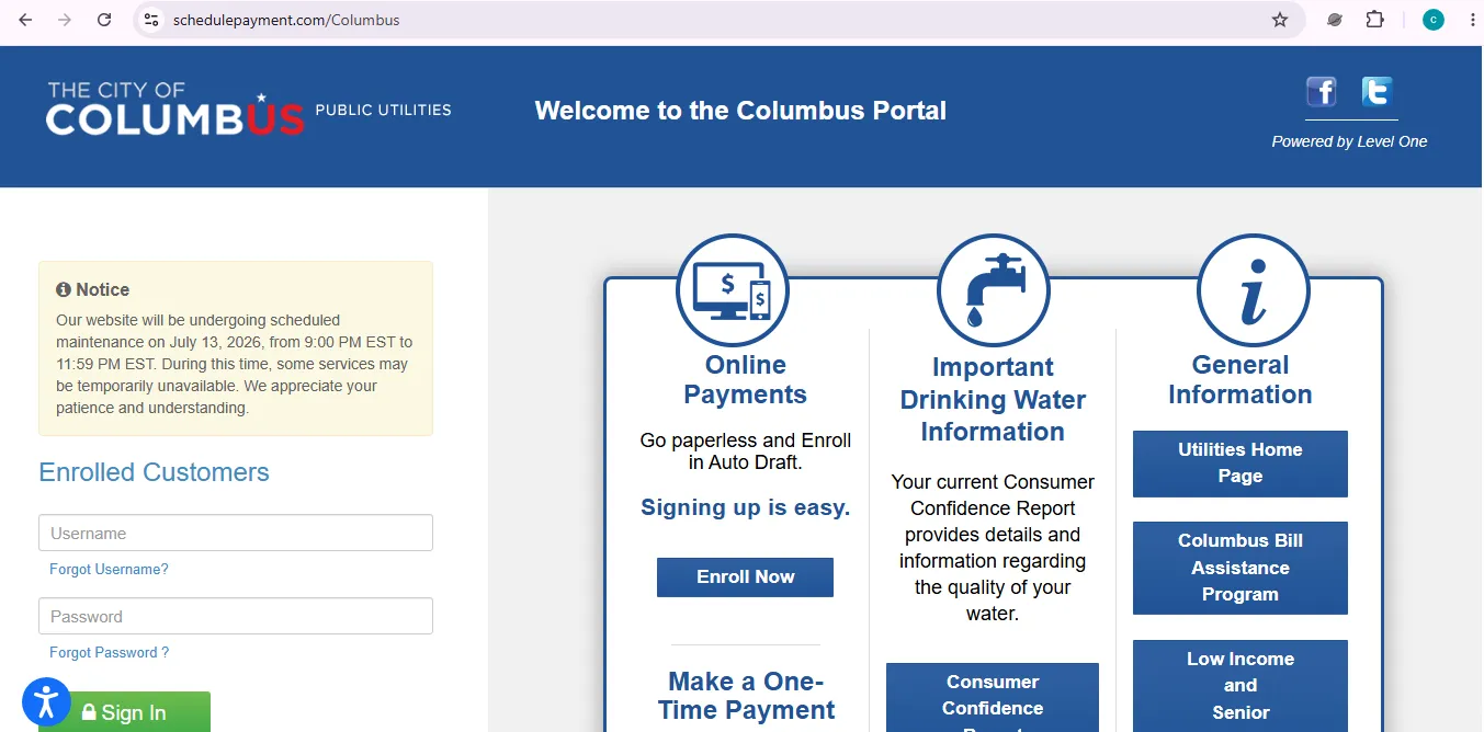City of Columbus Water and Power customer portal login Pay Now and utility bill payment visual guide