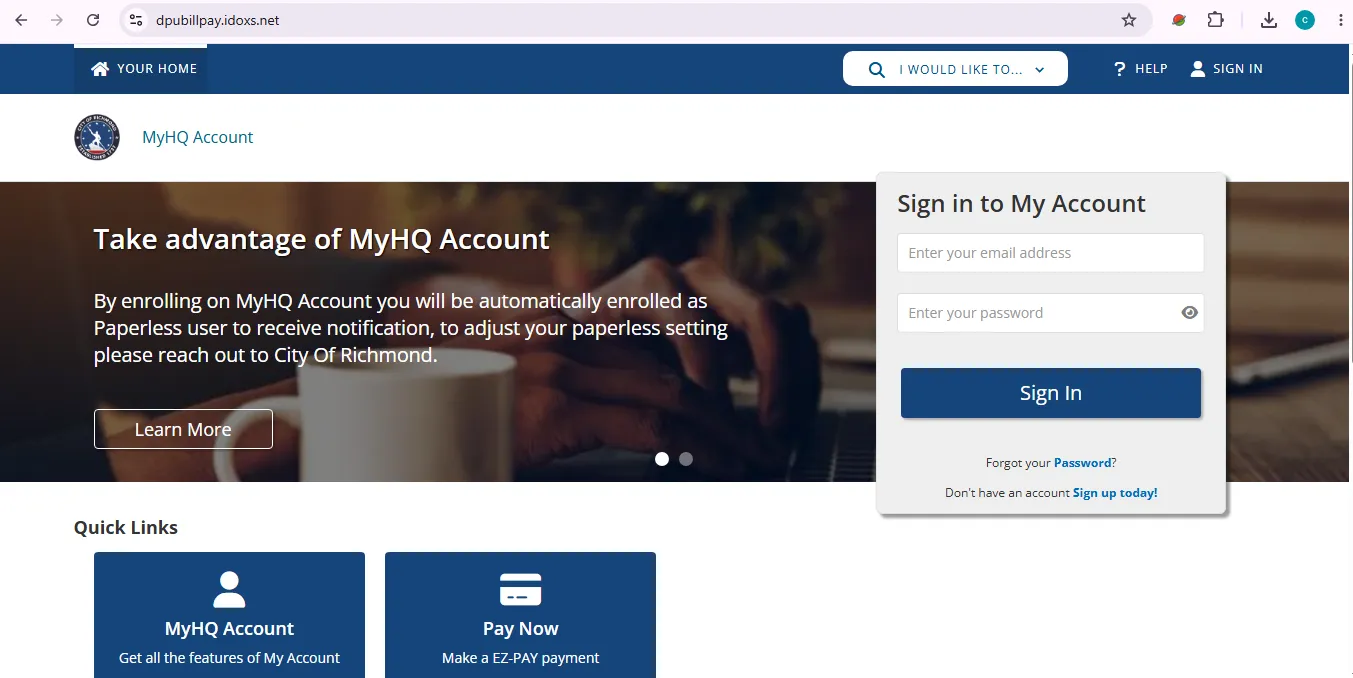 City of Richmond Public Utilities MyHQ login Pay Bill and EZ-PAY portal visual guide